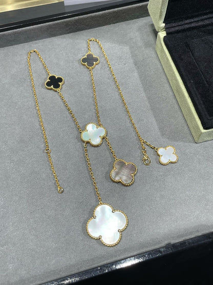 [Moco]CLOVER 6 MOTIF MOP ONYX GOLD NECKLACE