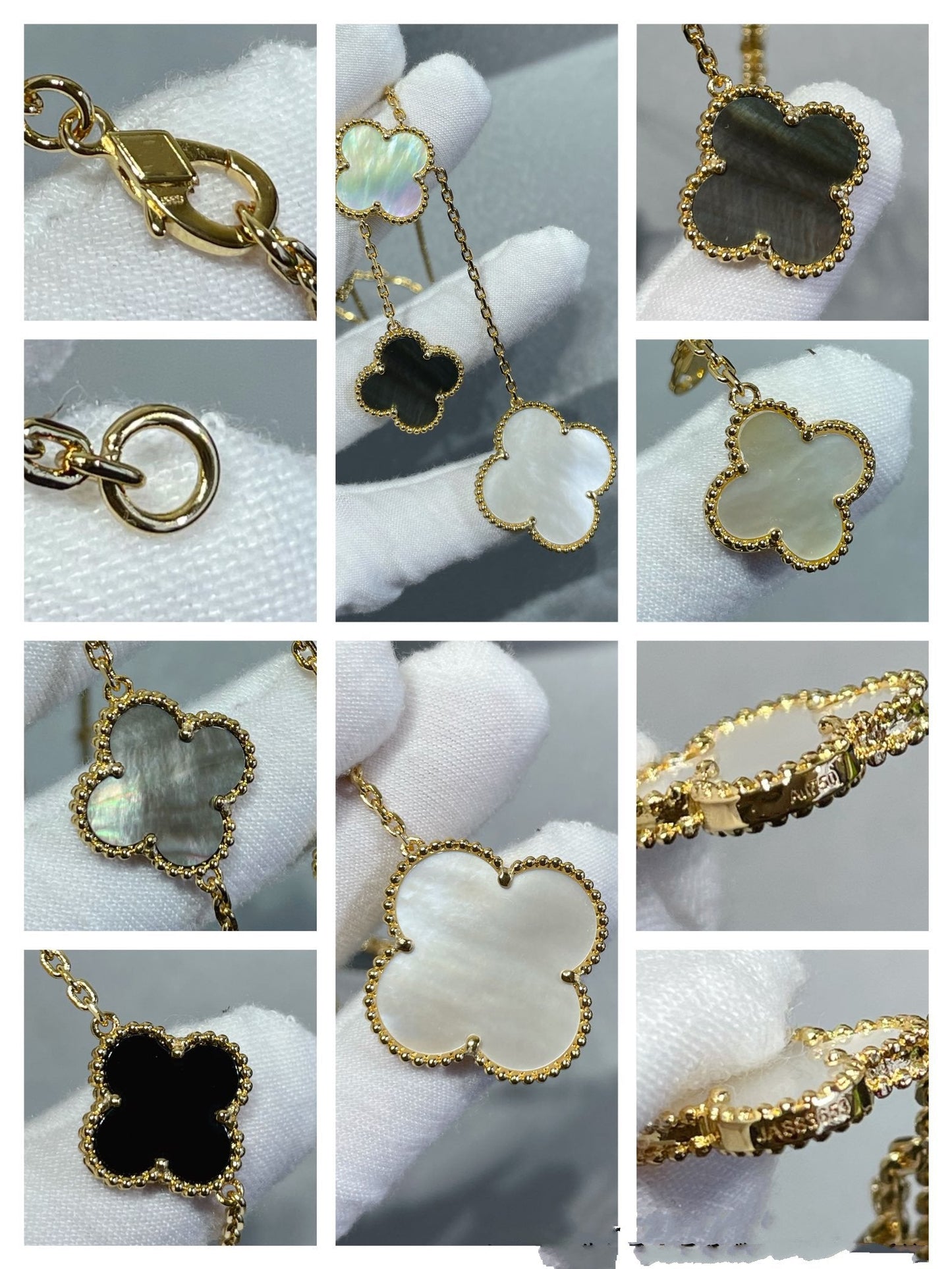 [Moco]CLOVER 6 MOTIF MOP ONYX GOLD NECKLACE