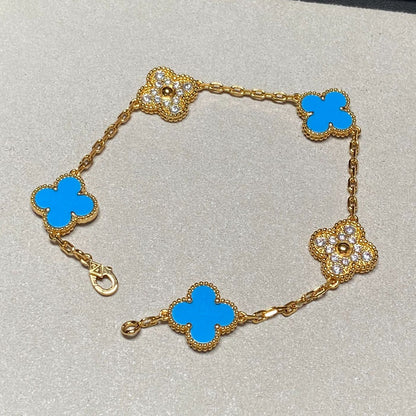 [Moco]CLOVER 5 MOTIF BLUE CHALCEDONY DIAMOND GOLD BRACELET