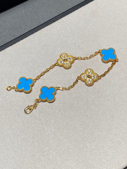 [Moco]CLOVER 5 MOTIF BLUE CHALCEDONY DIAMOND GOLD BRACELET