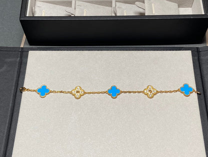 [Moco]CLOVER 5 MOTIF BLUE CHALCEDONY DIAMOND GOLD BRACELET