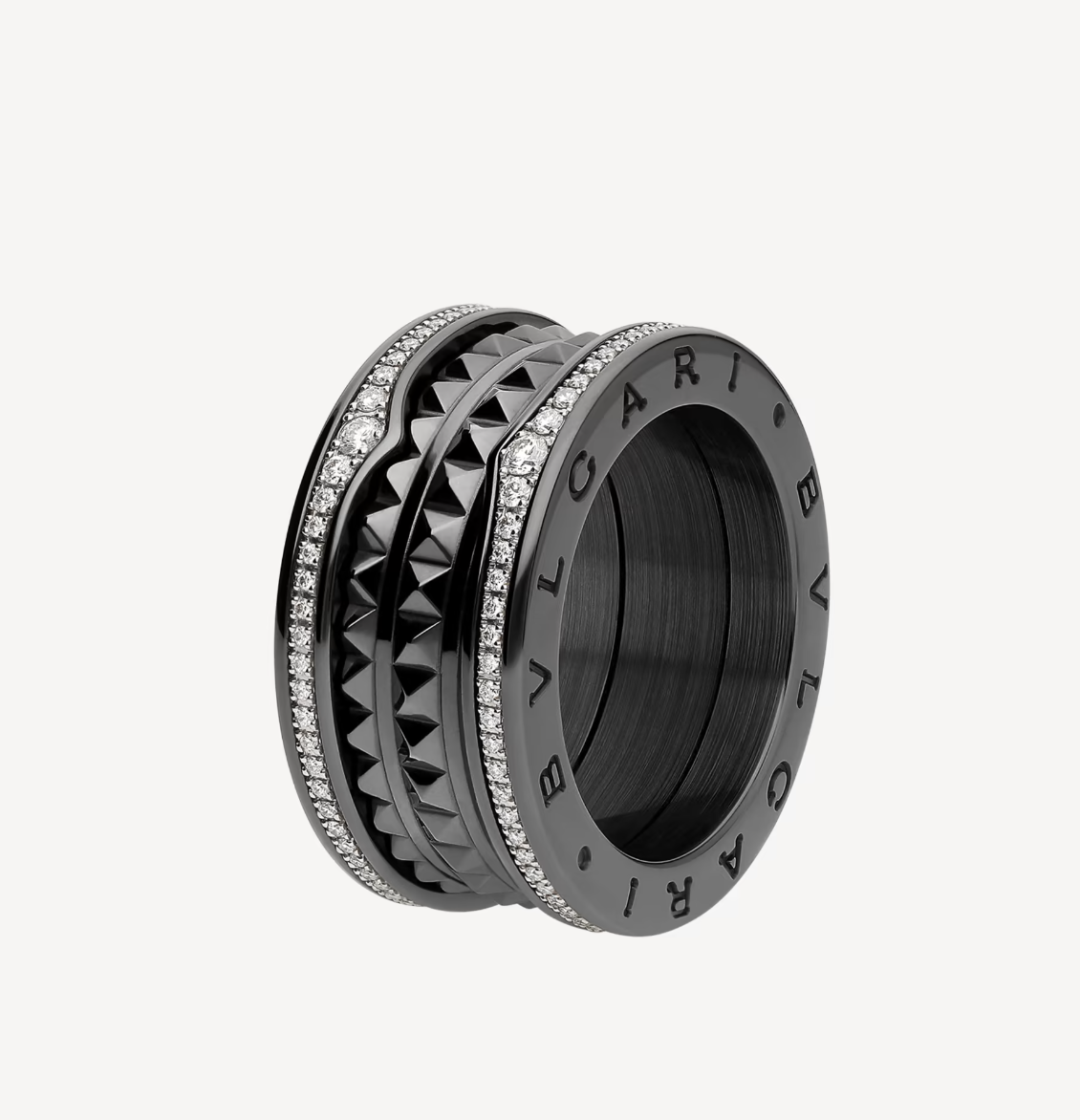 [Moco]ZERO 1 ROCK FOUR-BAND BLACK CERAMIC WITH STUDDED SPIRAL AND PAVED DIAMONDS RING