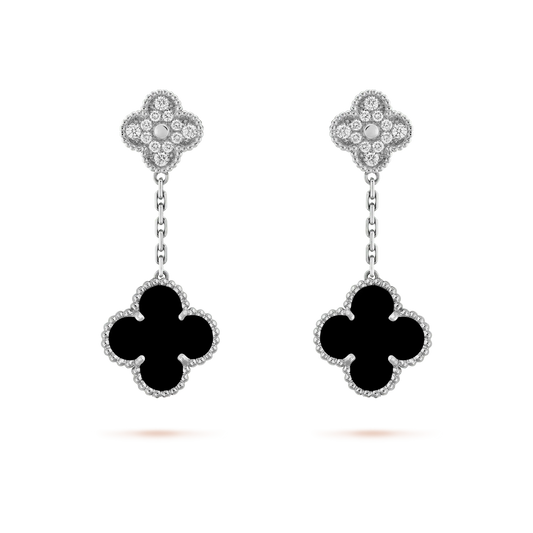 [Moco]CLOVER 2 MOTIFS  DIAMOND ONYX EARRINGS SILVER