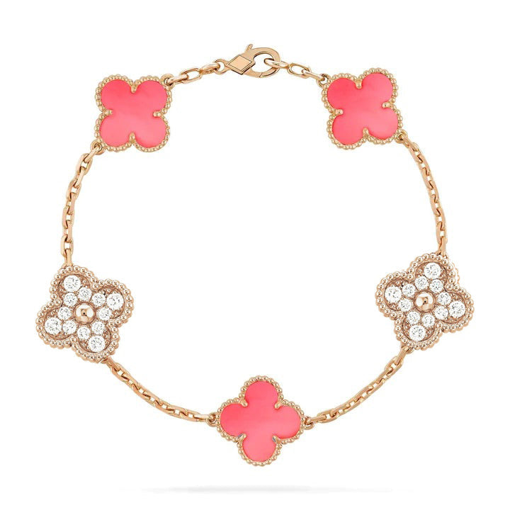 [Moco]CLOVER 5 MOTIF DIAMOND PINK MOP PINK GOLD BRACELET