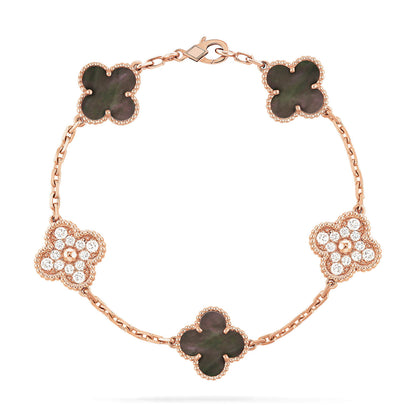 [Moco]CLOVER 5 MOTIFS DARK MOP AND DIAMONDS PINK GOLD BRACELET