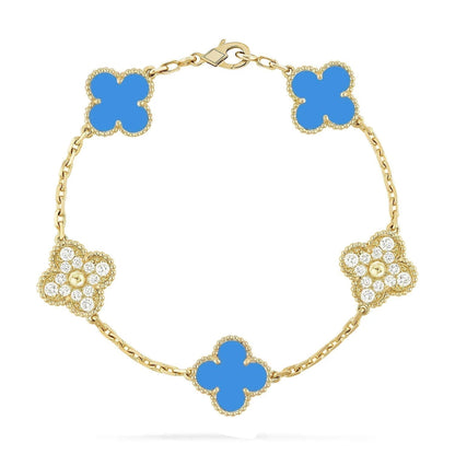 [Moco]CLOVER 5 MOTIF BLUE CHALCEDONY DIAMOND GOLD BRACELET