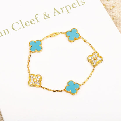 [Moco]CLOVER 5 MOTIF TURQUOISE DIAMOND GOLD BRACELET