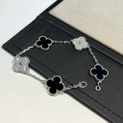 [Moco]CLOVER 5 MOTIF ONYXS DIAMOND BRACELET SILVER