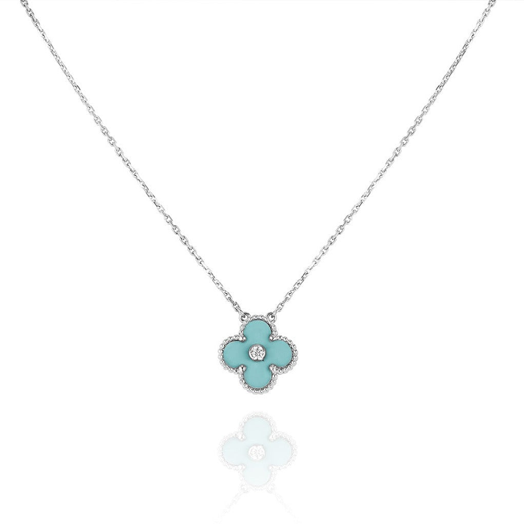 [Moco]CLOVER 1 DIAMOND LIGHT BLUE SILVER NECKLACE