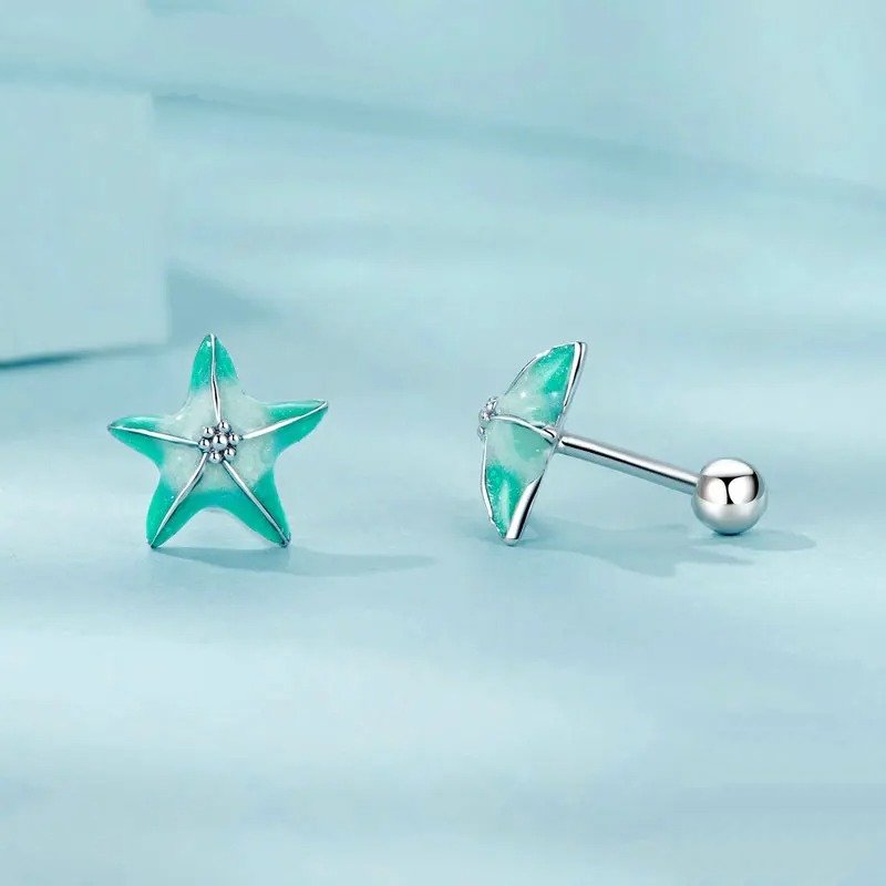 Blue Starfish Stud Earrings Platinum Plated Simple Earrings