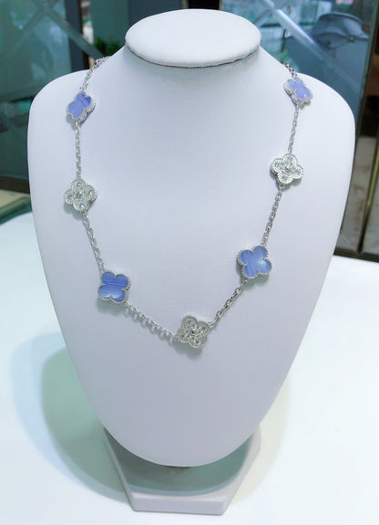 [Moco]CLOVER 10 MOTIFS CHALCEDONY DIAMONDS SILVER NECKLACE