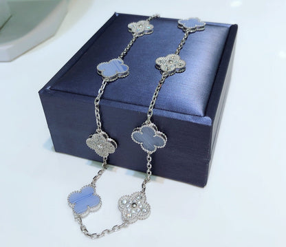 [Royal]CLOVERS THE 10-MOTIFS CHALCEDONY DIAMONDS SILVER NECKLACE